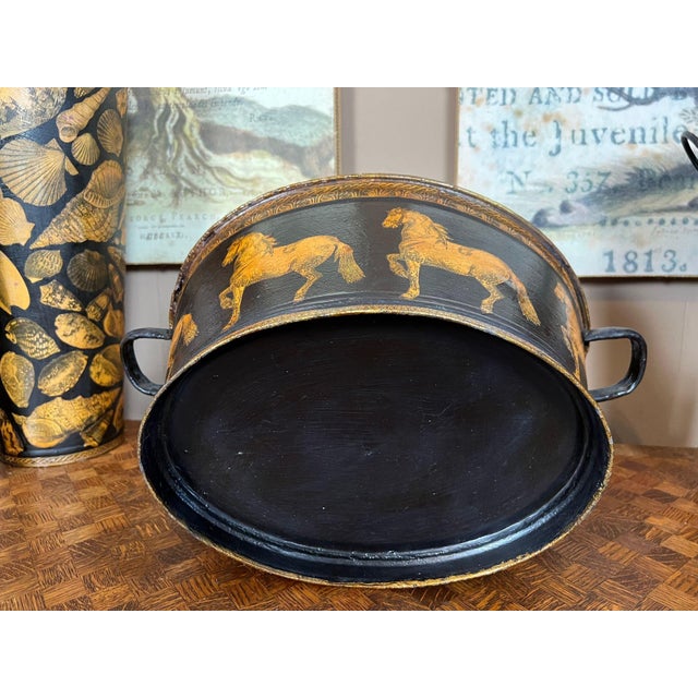 Antique English Planter Jardiniere Horse Equine Black Decoupage Tole Metal C1900 For Sale - Image 18 of 18
