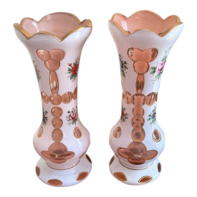 Pair of Antique Bohemian Cased Art Glass Vases White and Blush Pink Enamel Floral - 2 Pieces For Sale