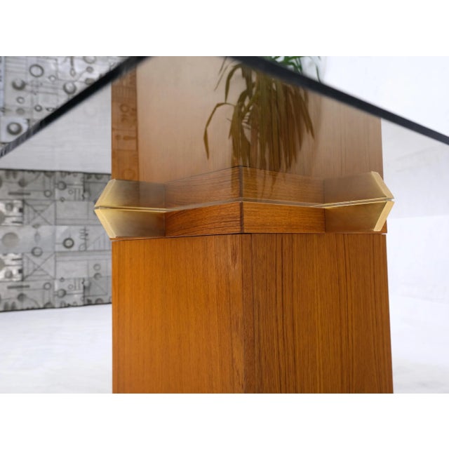 Teak Cube & Brass X Base Danish Modern Bronze Smoked Square Glass Coffee Table For Sale - Image 11 of 13
