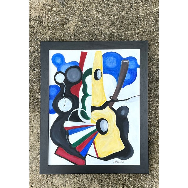 This vintage abstract painting on canvas captures the bold, energetic spirit of mid-20th-century modernism. Geometric and...