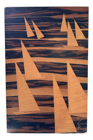 Vintage Inlaid Wooden Panel with Sailboats, 1970s