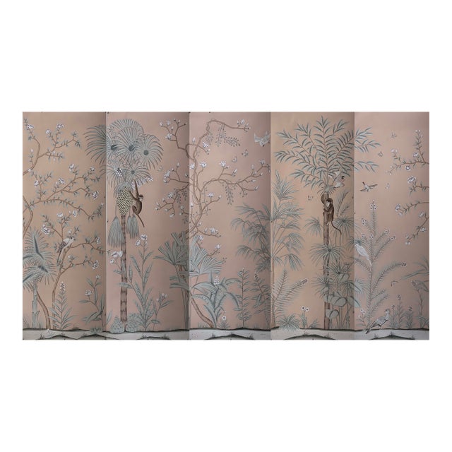 Chinoiserie Hand-Painted Wallpaper Panels, Taupe Background With Tropical Floral, Bird & Monkey Motifs, Set of 5 For Sale