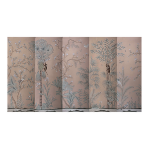 Chinoiserie Hand-Painted Wallpaper Panels, Taupe Background With Tropical Floral, Bird & Monkey Motifs, Set of 5