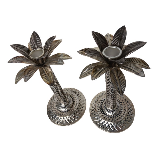 Palm Tree Candleholders in Silver-Plated Metal, 1980s, Set of 2 For Sale