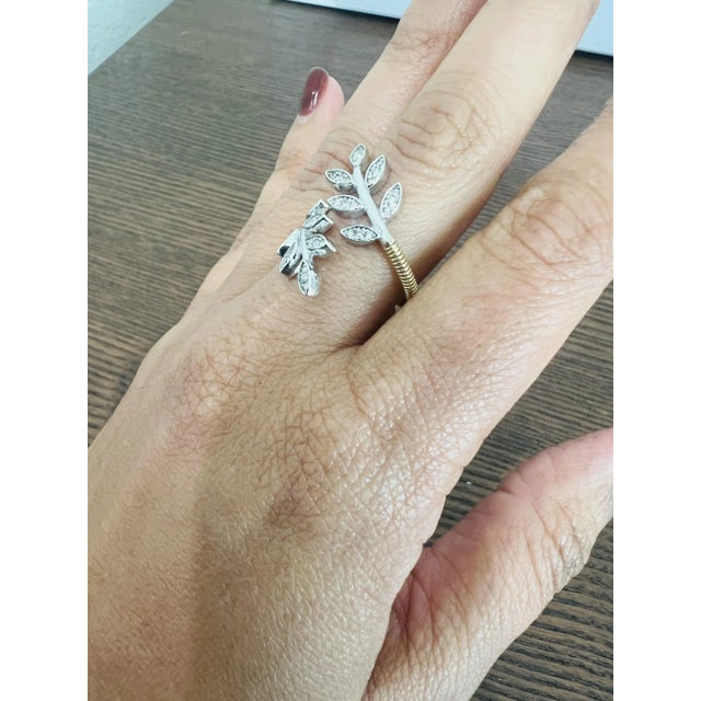 Metal Natural Diamond 0.28 Carat Leaf Wrap White Gold Yellow Gold Statement Ring, Size 7.5 For Sale - Image 7 of 8