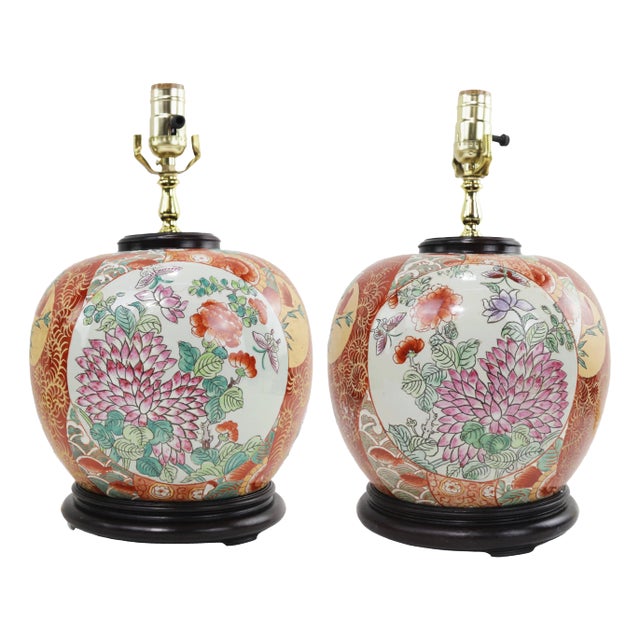Pair of Vintage Famille Rose Porcelain Table Lamps With Flower Motif For Sale