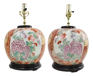 Pair of Vintage Famille Rose Porcelain Table Lamps With Flower Motif