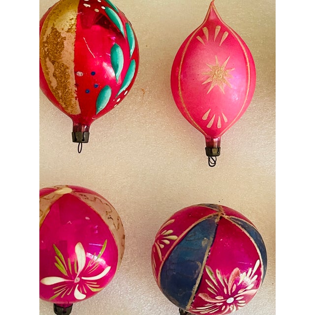 Pink 7 Antique Blown Glass Christmas Ornaments in Box For Sale - Image 8 of 8