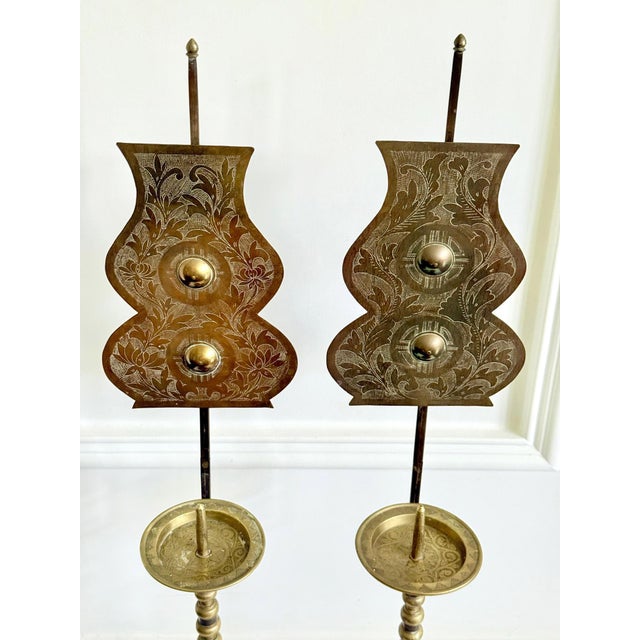 Early 20th Century Pair of Antique Korean Brass Candlesticks with Reflector Shields For Sale - Image 5 of 13