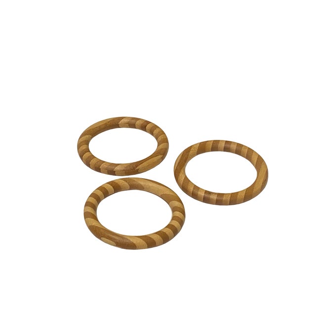 Asian Set 3 Two Wood Tone Striped Pattern Small Bangles Display Decor Art For Sale - Image 3 of 5
