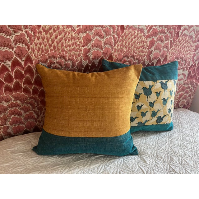 20” X 20” LuLu Dk Linen Bird Print in Teal and Yellow Pillow Covers - a Pair For Sale In Columbia, SC - Image 6 of 9