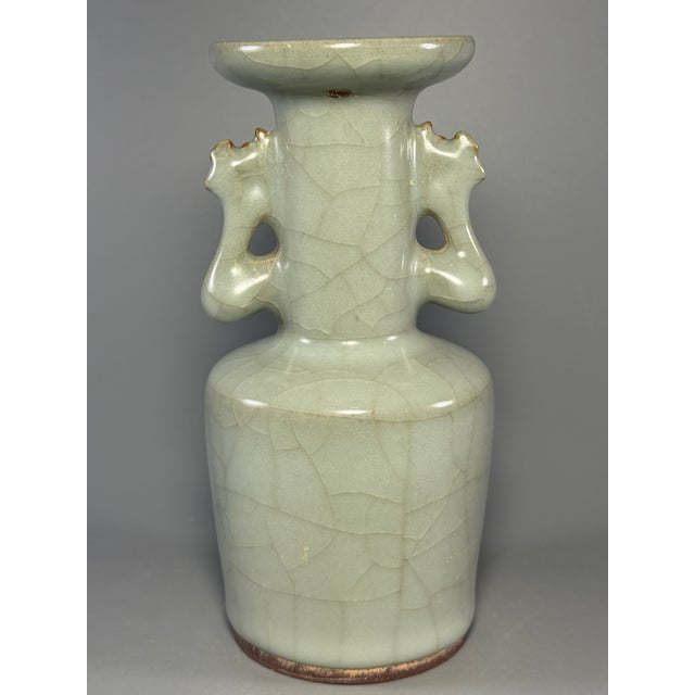 Chinese Antique Longquan Celadon Twin Phoenix Ear Vase, Chinese Crackle Glaze Vase For Sale - Image 3 of 5