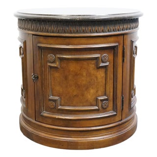 Drexel Furniture Talavera Collection Contemporary Neoclassical Tuscan Style 30" Round Drum Accent Storage End Table W. Granite Top For Sale