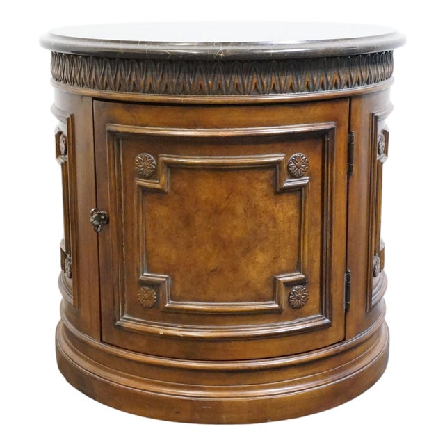 Drexel Furniture Talavera Collection Contemporary Neoclassical Tuscan Style 30" Round Drum Accent Storage End Table W. Granite Top For Sale