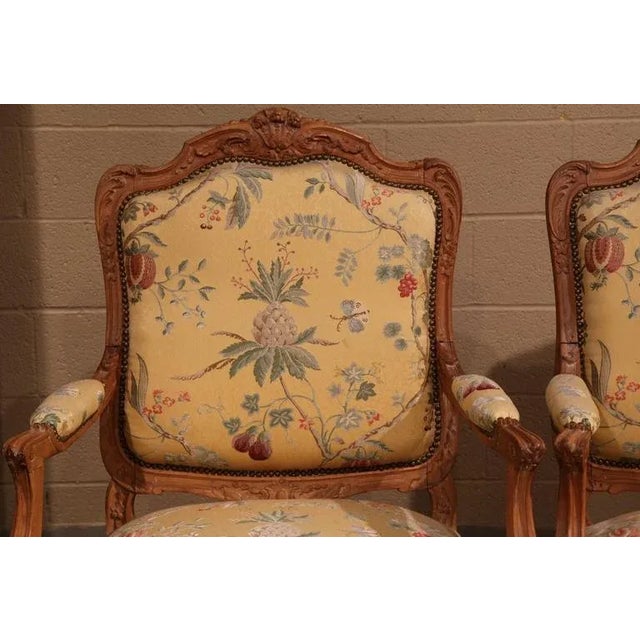 Pair of Early 20th Century French Louis XV Walnut Fauteuils With Scalamandré For Sale - Image 4 of 10