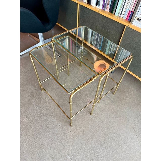 Mid-Century Modern Vintage Mid Century Modern Faux Bamboo Brass Glass Nesting Tables Set 1970s Hollywood Regency For Sale - Image 3 of 17