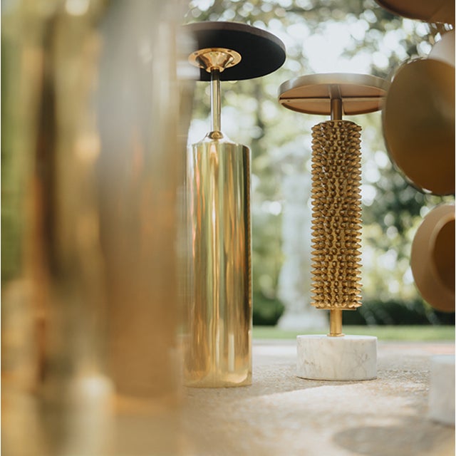 Shiny Brass Base Cigar Table with Brown Leather Top. A wonderful small side table perfect for trays or coasters and...