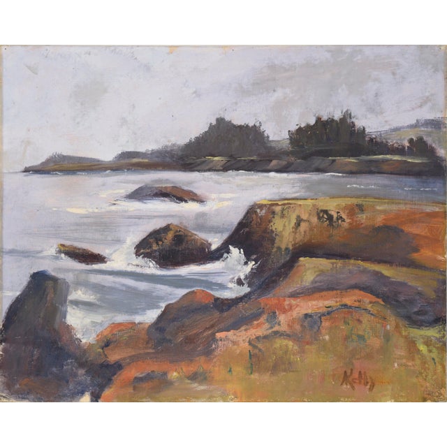 Foggy Coastal Seascape in Oil on Illustration Board Dramatic seascape with coastal cliffs by unknown artist "Kelly" (20th...