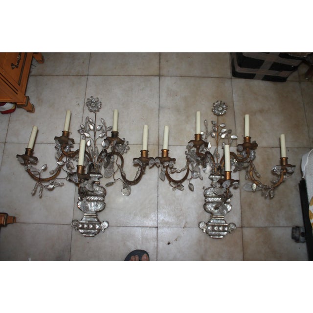 1930's Monumental Regency Maison Bagues Rock Crystal 5 Light Floral Wall Sconces a - Pair For Sale - Image 11 of 12