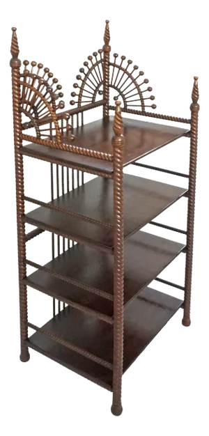 Arts & Crafts Etagere Stick Ball Rope Turned Wood Four Tier Curio Cabinet Stand Antique Whatnot Display Shelf Country Boho Wedding Gift