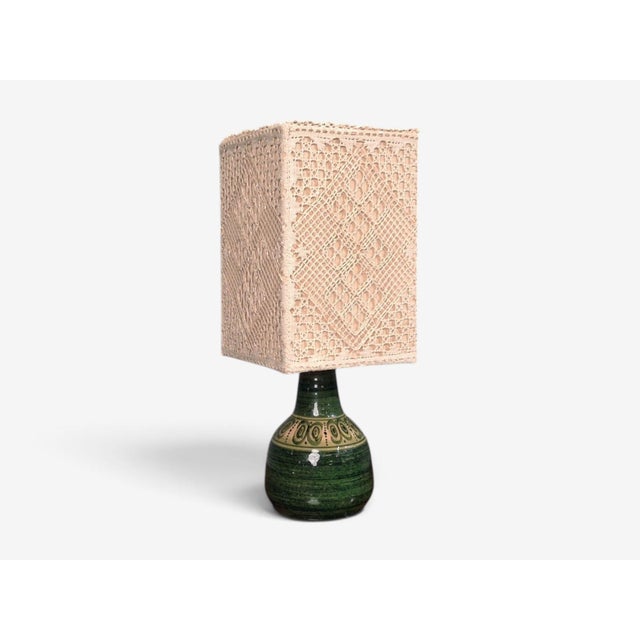 1970s 1976 Swedish Modern, Table Lamp, Green Glazed Stoneware, Crochet Shade For Sale - Image 5 of 12