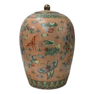 Vintage Oriental Pink Rose Butterflies Floral Graphic Porcelain Jar For Sale