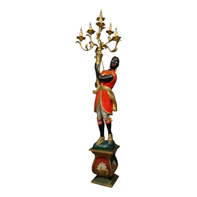 Italian Venetian Style Carved Wood Figural Torchère Floor Lamp, 1970s For Sale