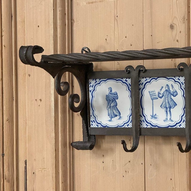 19th Century Dutch Wrought Iron Coat Rack With Delft Tiles For Sale - Image 11 of 18