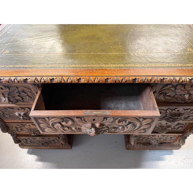 Antique Carved Oak Desk with Lion Handles, 1890s For Sale - Image 11 of 13