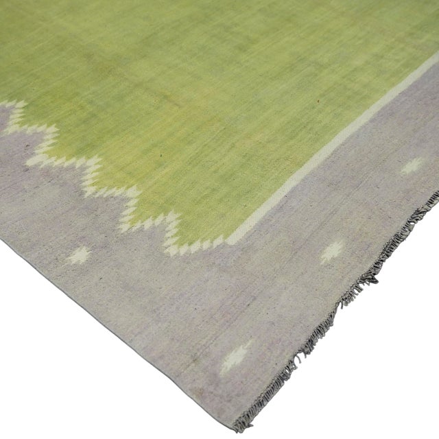 Vintage Dhurrie Solid Rug in Chartreuse With Brown Geometric Border ...