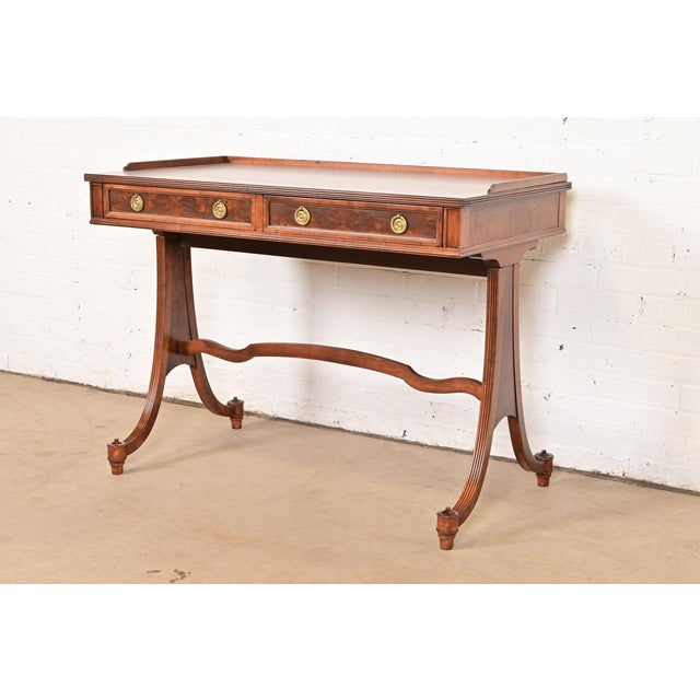 Baker Furniture Company Baker Furniture English Regency Burled Walnut Writing Desk or Console Table, Newly Refinished For Sale - Image 4 of 12