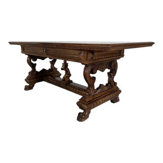 Vintage French Highly Carved Oak Renaissance Revival Dining Table Library Desk For Sale