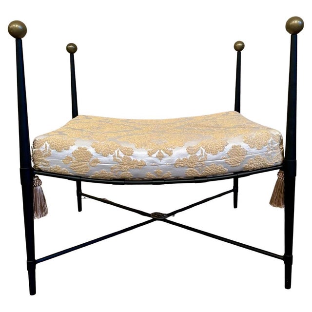New Black Wrought Iron Curule Bench with Damask Gold & White Fabric For Sale - Image 15 of 18