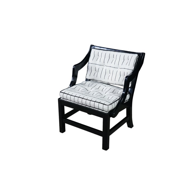 Mid-Century Modern Mid Century Diminutive Black Lacquer Tufted & Striped Chinoiserie Arm Chair For Sale - Image 3 of 18