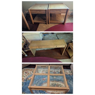 1980s Thomasville 4 Piece Light Oak Living Room Tables: 2 End Tables, Sofa Console Table and Square Glass Coffee Table For Sale