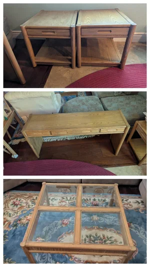 1980s Thomasville 4 Piece Light Oak Living Room Tables: 2 End Tables, Sofa Console Table and Square Glass Coffee Table