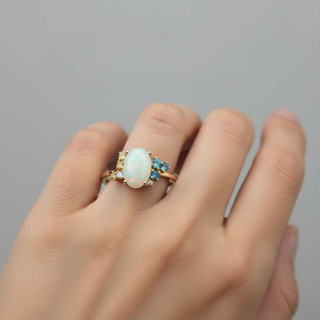 Not Yet Made - Made To Order White Opal Multicolor Ring in 14k Gold, Size 7.5 For Sale - Image 5 of 9