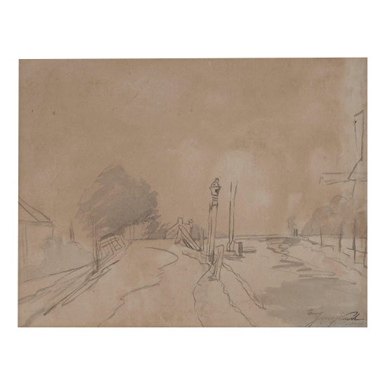 Johan Barthold Jongkind, Towpath Along a Canal and Mill, Original Watercolor For Sale