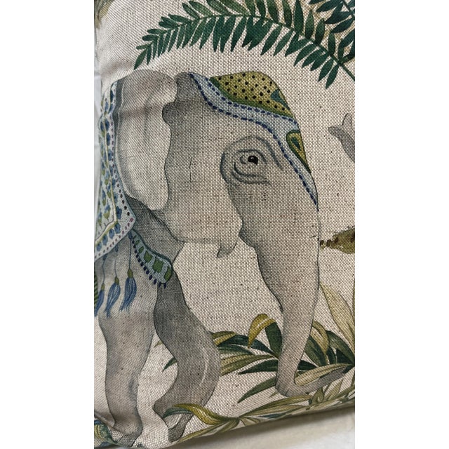 Indian 20" Square Decorative Throw Pillow With an Exotic Elephant & Palm Tree Pattern - Made in the U K For Sale - Image 3 of 12