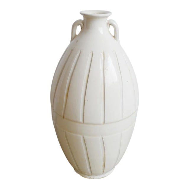 Vintage Farmhouse White Ceramic Milk Jar / Vase For Sale