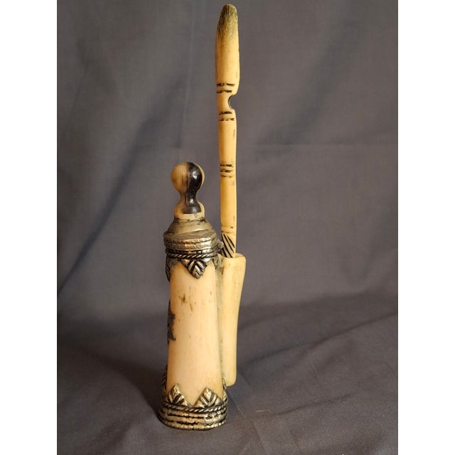 Metal Rare 19thC Moroccan Judaica Camel Bone Inkwell Set - Star of David - Original Pen For Sale - Image 7 of 18