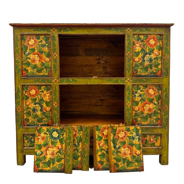 20th Century Antique Tibetan Hand Painted Tall Credenza Storage Cabinet For Sale - Image 4 of 11