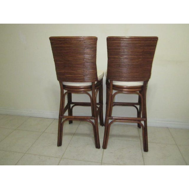 1990s Rattan Bamboo Tommy Bahama Style Upholstered Beige Barstools- Set of 2 For Sale - Image 10 of 12