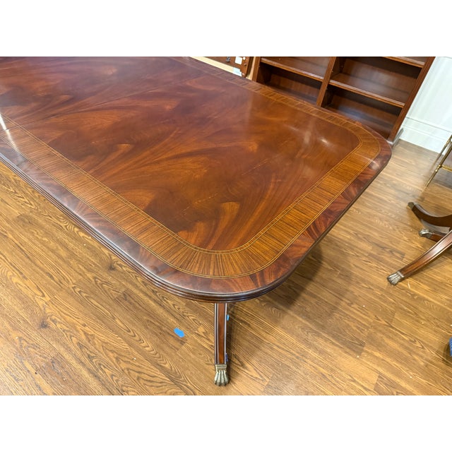 Wood Traditional Multi-Banded Mahogany Double Pedestal Dining Table by Leighton Hall - Showroom Sample For Sale - Image 7 of 10