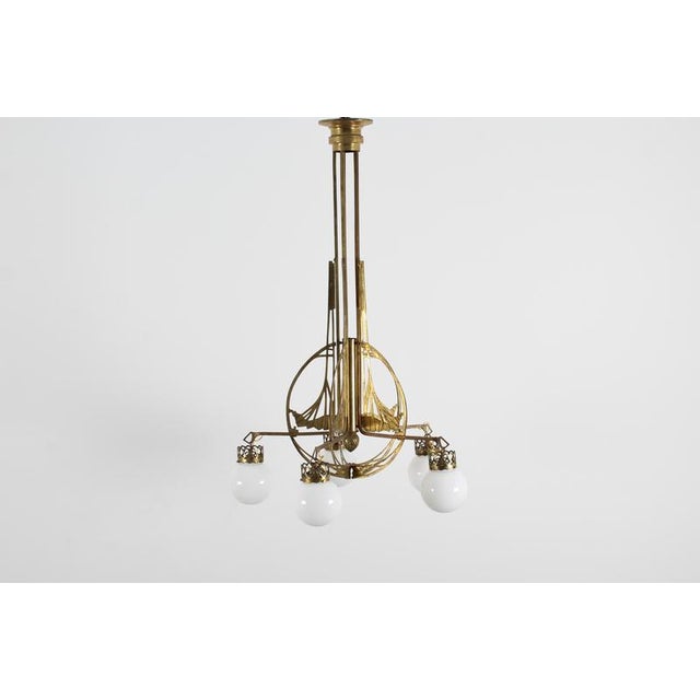 Art Nouveau Liberty Style Brass and Glass Chandelier Late Xix Sec Austria For Sale - Image 3 of 17