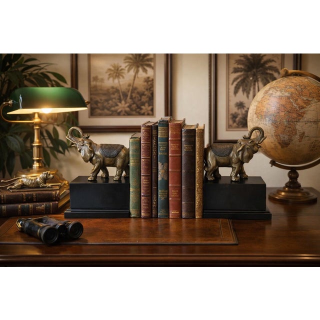 Pair Bronze Elephant Bookends on Black Base for Palm Beach Regency, Ralph Lauren Style, British Colonial or Chinoiserie Styles For Sale - Image 9 of 9
