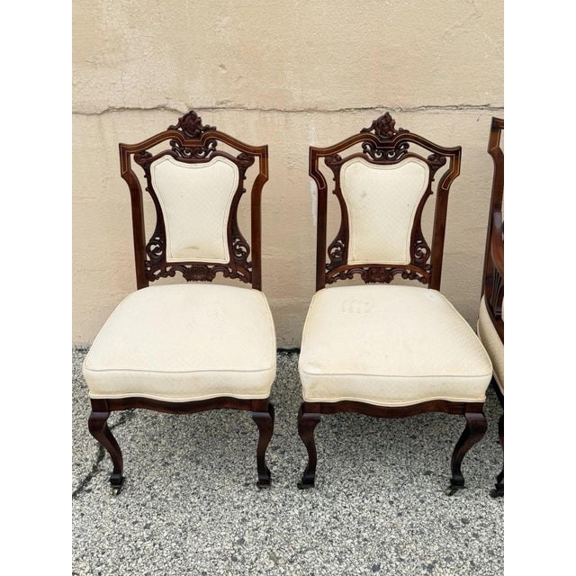 Brown Antique Victorian Carved Mahogany Inlaid Parlor Set Sofa and 4 Chairs - 5 PCS For Sale - Image 8 of 18