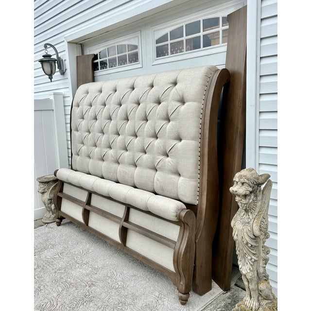 Wood King Sleigh Bed Vintage Transitional Style Tufted Upholstered Linen Taupe For Sale - Image 15 of 15