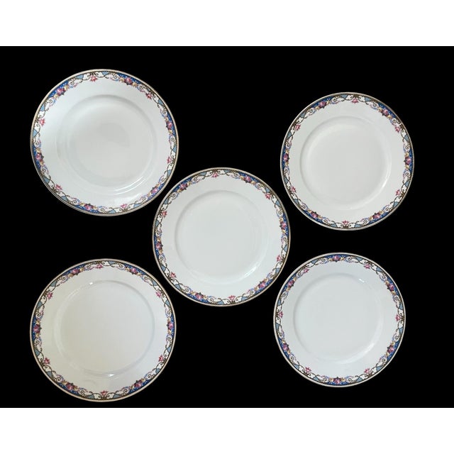 Shabby Chic Vintage Epaig Dinner Plates. Gold Band Blue Garland, Pink Roses. Czech. Set of 10 For Sale - Image 3 of 7