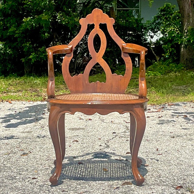 Chocolate Vintage Boho Italian Fruitwood Venetian Style Cane Chair For Sale - Image 8 of 10